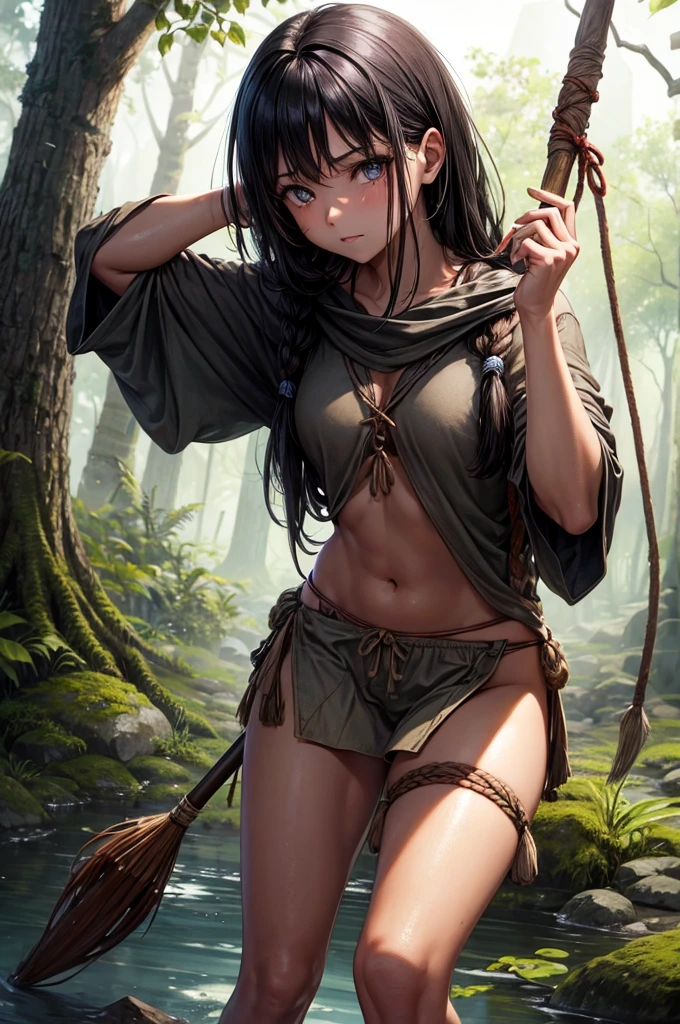 Best image quality, threaten, Holding a spear, primitive, Primary forest, In underwear, ""Primitive clothing"", woman, Black Hair, Tying up hair, paint