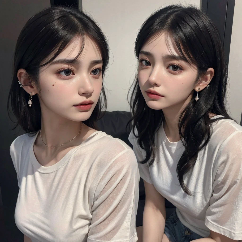 absurdres, RAW photo, extremely delicate and beautiful, masterpiece, Best Quality, ultra high resolution, 32k, hyperrealistic, ultra-detailed, delicate facial features, beautiful detailed woman, tearful mole, earring, medium breasts, full body shot, medium hair, black hair, cap, T-shirt, baggy shorts, 3 girls,