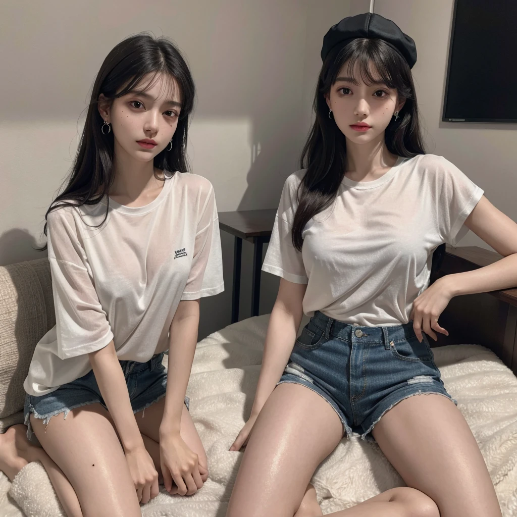 absurdres, RAW photo, extremely delicate and beautiful, masterpiece, Best Quality, ultra high resolution, 32k, hyperrealistic, ultra-detailed, delicate facial features, beautiful detailed woman, tearful mole, earring, medium breasts, full body shot, medium hair, black hair, cap, T-shirt, baggy shorts, 3 girls,
