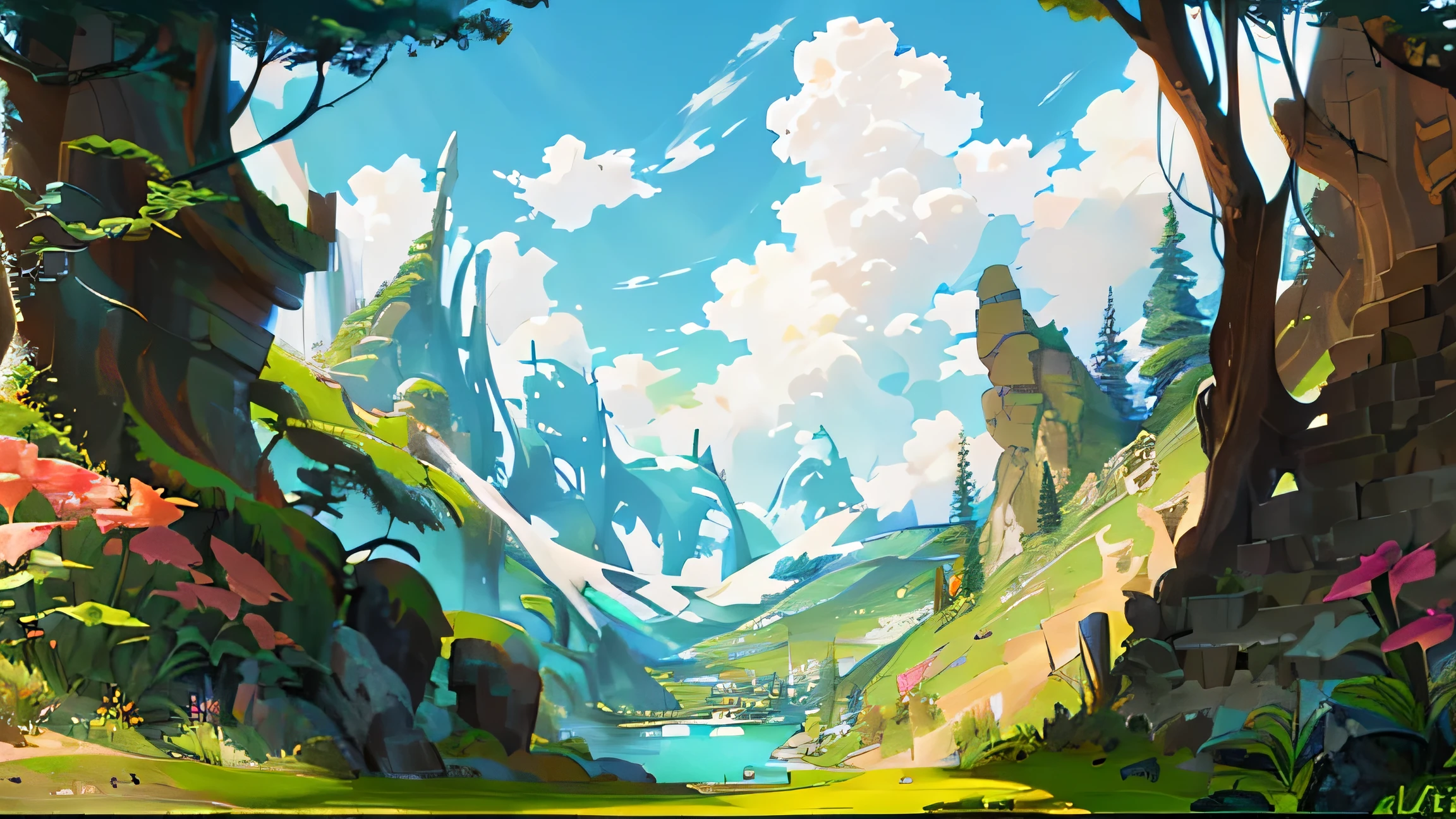 a view from a valley with huge cascades, lots of flowers, clouds and a shiny day