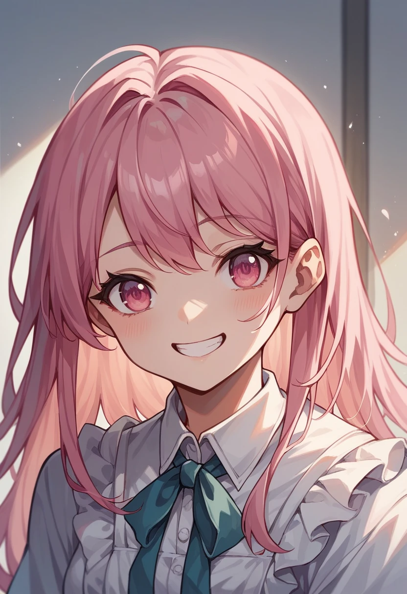 Highest quality、Super detailed、Pink hair and pink eyes、1 smiling cute anime girl、Bust up shot