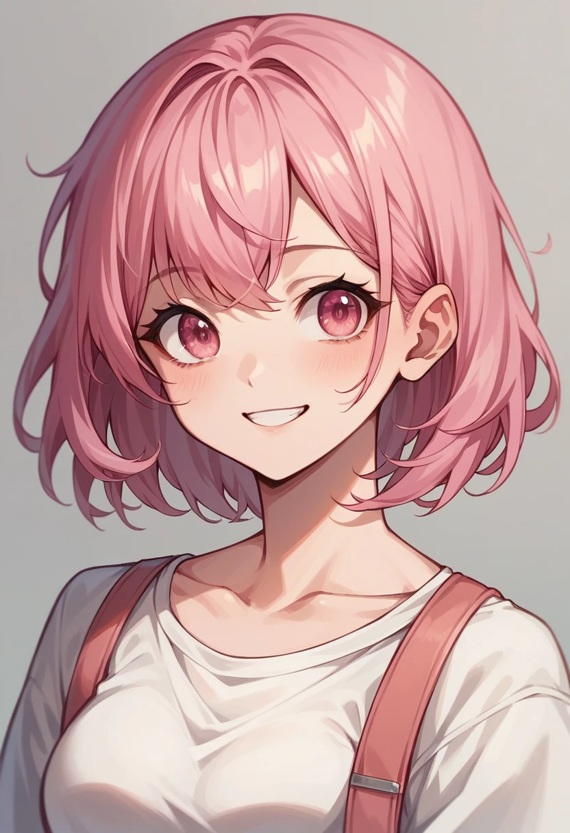 Highest quality、Super detailed、Pink hair and pink eyes、1 smiling cute anime girl、Bust up shot