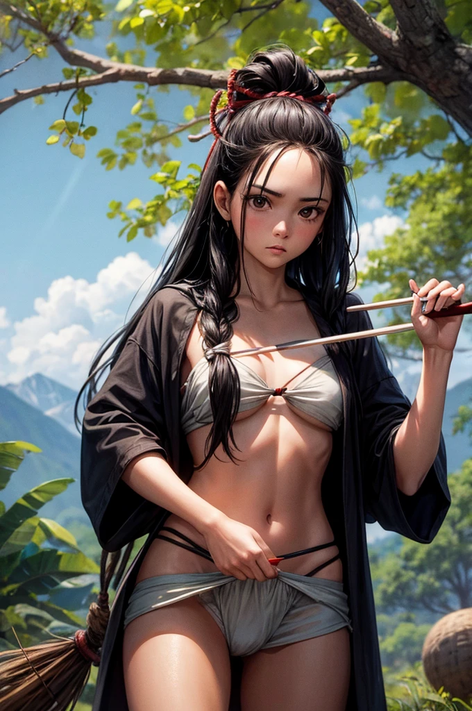 Best image quality, threaten, Holding a spear, primitive, Primary forest, In underwear, ""Primitive clothing"", woman, Black Hair, Tying up hair, paint