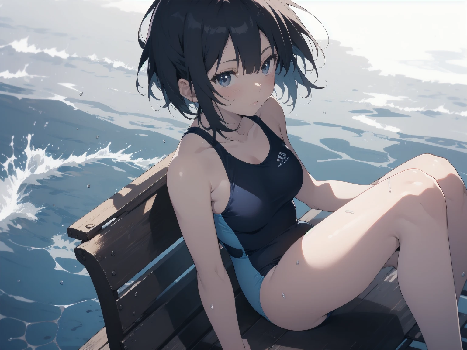 ultra-Top-quality by art God, ultra-detailed, high resolution, shinkai makoto style, anime moe artstyle, best anime 8k konachan wallpaper, pixiv contest winner, perfect anatomy, break,(Please draw a picture of a girl in a swimsuit sitting on a bench by the poolside alone.),break, a hyperrealistic school girl, parted lips, (Solo,lolita, -year-ol3),Fulimbs, complete fingers, androgynous charm, very short hair, wet hair, small breasts,slender body, Small butt, groin, Small black eyes,hanme,beautiful detailed eyes, well-proportioned iris and pupils, sleepily, highres detailed hair, swimsuit, wet swimsuit, bare shoulders, thighs,  in the school pool. break,dewy skin, perspiration on the skin,skin texture, fine lines, pores, natural imperfections,light reflections, glossy skin, shiny skin,break,super detailed skin, shiny skin, Best lighting powered by famous artist, 8k, illustration,UHD, textured skin,break,((artist:toosaka_asagi )), artist:clamp ,artist:carnelian ,artist:kantoku ,