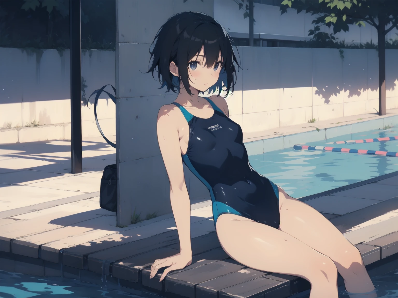 ultra-Top-quality by art God, ultra-detailed, high resolution, shinkai makoto style, anime moe artstyle, best anime 8k konachan wallpaper, pixiv contest winner, perfect anatomy, break,(Please draw a picture of a girl in a swimsuit sitting on a bench by the poolside alone.),break, a hyperrealistic school girl, parted lips, (Solo,ta, kid, 13-year-old:1.3),Full limbs, complete fingers, androgynous charm, very short hair, wet hair, small breasts,slender body, Small butt, groin, Small black eyes,hanme,beautiful detailed eyes, well-proportioned iris and pupils, sleepily, highres detailed hair, swimsuit, wet swimsuit, bare shoulders, thighs, in the school pool. break,dewy skin, perspiration on the skin,skin texture, fine lines, pores, natural imperfections,light reflections, glossy skin, shiny skin,break,super detailed skin, shiny skin, Best lighting powered by famous artist, 8k, illustration,UHD, textured skin,break,((artist:toosaka_asagi )), artist:clamp ,artist:carnelian ,artist:kantoku ,