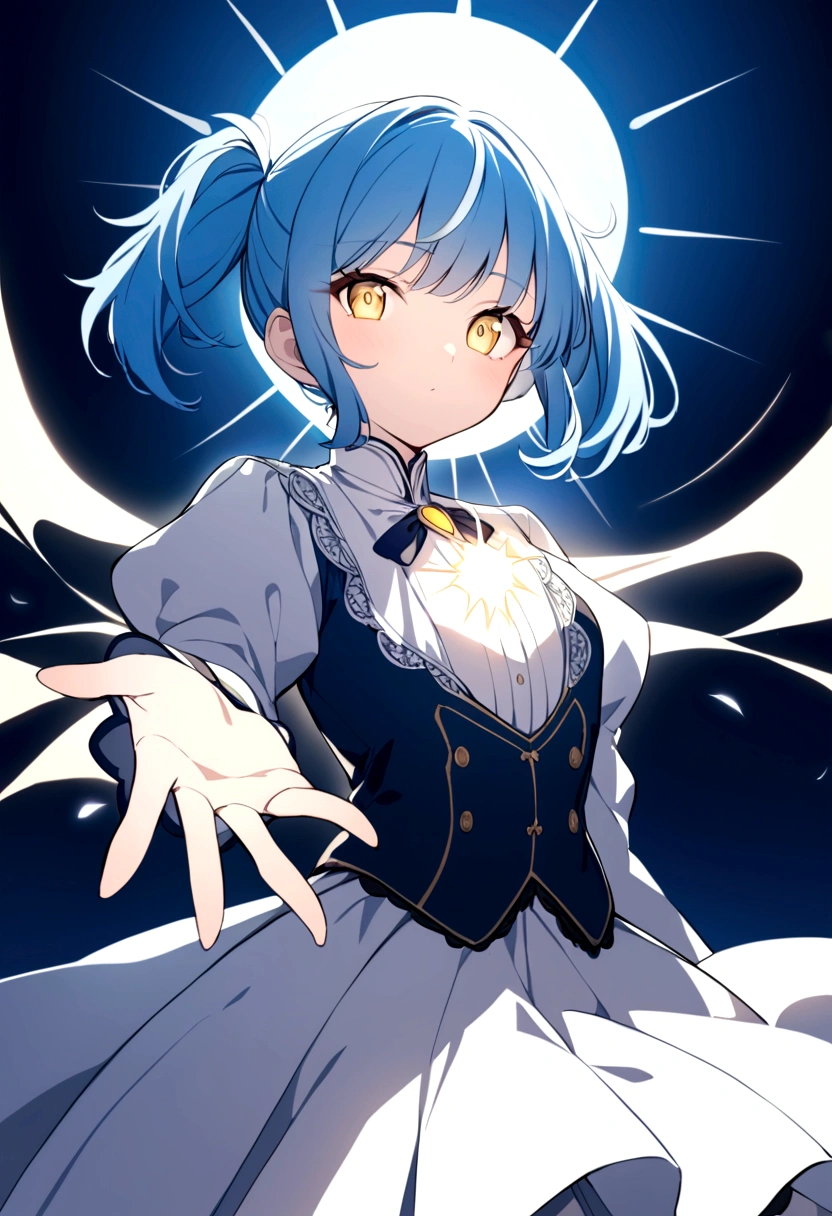 Girl with short pigtails with white and blue locks, yellow eyes that turn blue in front of the sun, wearing a Victorian style uniform forming a core of light from his hand.