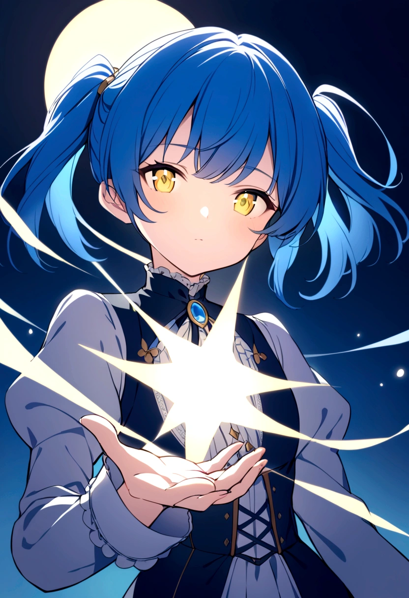 Girl with short pigtails with white and blue locks, yellow eyes that turn blue in front of the sun, wearing a Victorian style uniform forming a core of light from his hand.