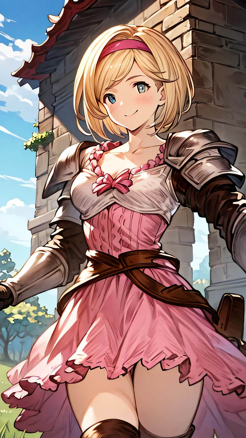 {{{masterpiece}}}, {{{best quality}}}, {{ultra-detailed}}, {illustration}, {{an extremely delicate and beautiful}}, (beautiful detailed eyes:1.6), extremely detailed face, 8k, anime face, djeeta(granblue fantasy), djeetadef, solo, 1girl, cute face, blonde hair, short hair, brown eyes, very big eyes, thin waist, big hips, curvaceous, pink hairband, pink dress, pink skirt, brown thigh boots, collarbones, gauntlets, armor, thighs, zettai ryouiki, BREAK, standing, smiling, flushed cheeks, peer in from below, outdoor, sky, daytime, ruins, forest, field