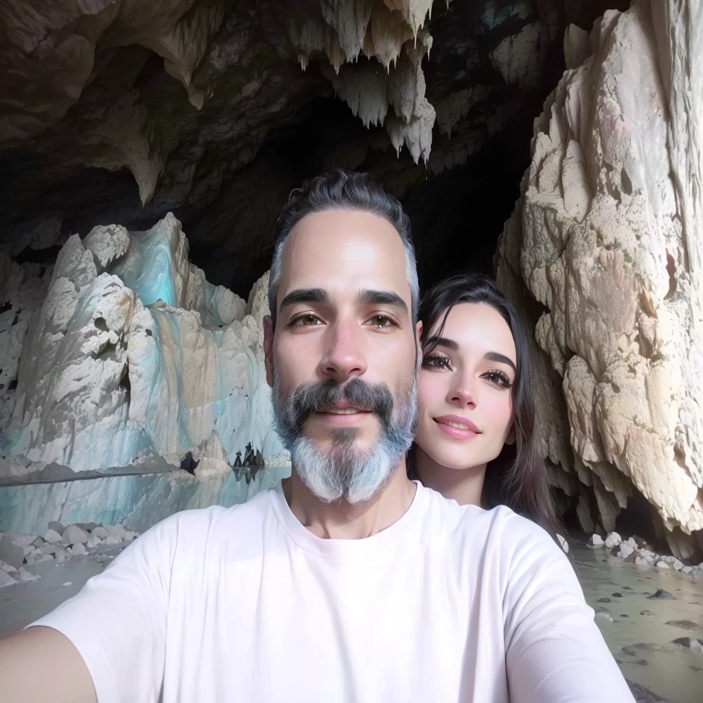 há um homem e uma mulher tirando uma selfie na frente de uma cavernrna, Em uma cavernrna, Em uma cavernrna with the waterfall, standing in a cave, cavern, caverns, profile image, natural cavern wall, photo taken in 2 0 2 0, em uma grande cavern no desertorna, caverns!, wearing cavern man clothes, dentro de uma cavernrna, stalactites