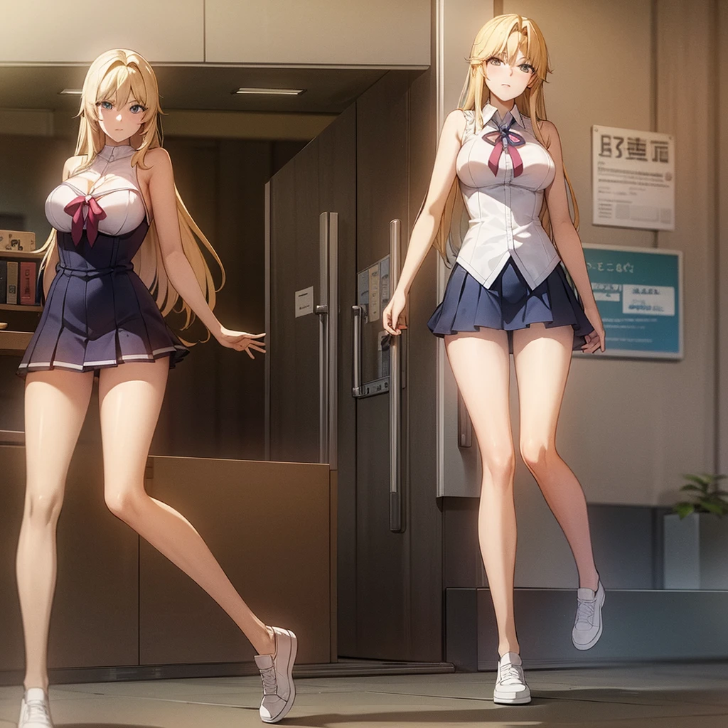 3 female students wear bare shoulders to school , Blonde beauty with long flowing hair and beautiful legs