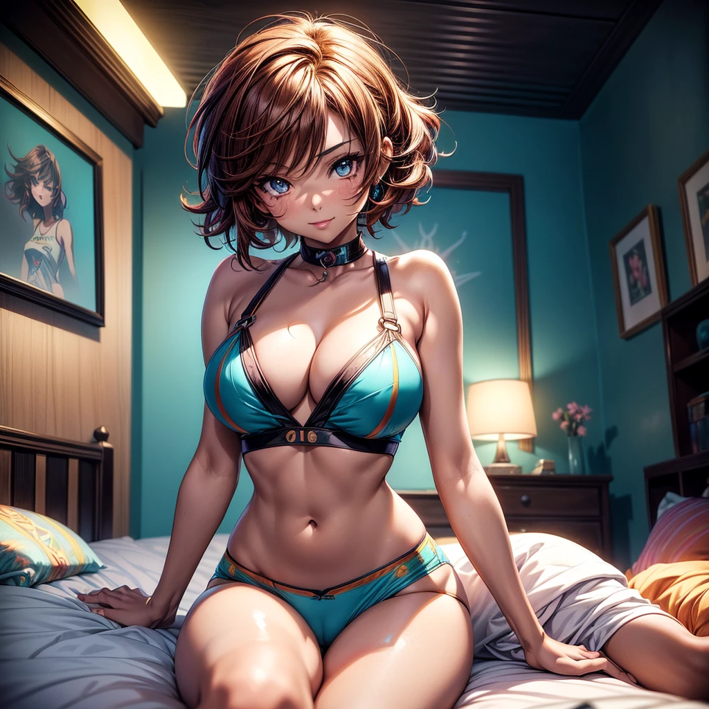 (masterpiece)(8k)(cute)(20-year old woman)(1girl:1.5)(solo:1.8)(laying on bed:1.5)(hotel:1.3)(wild messy hair:1.3)(short hair:1.3)(orange hair)(flat chest:1.6)(small breasts:1.6)(loose t-shirt:1.6)(lime green pupils)(glossy lips:1.3)(glossy eye-shadow:1.5)(cameltoe:1.5)(seductive pose:1.4)(smile:1.3)(mischievous:1.5)(cross-legged) rossdraws pastel vibrant, rossdraws cartoon vibrant, style anime 8k, beautiful portrait, artgerm colorful!!!, ! dream artgerm, beautiful anime girl, styled digital art, art wallpaper 8k, digital art, extremely detailed artgerm,
