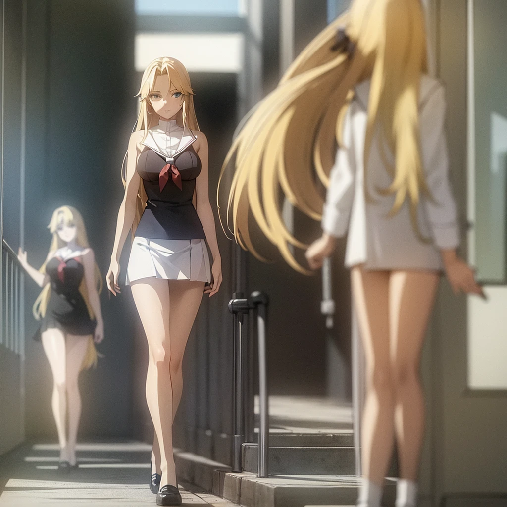 3 female students wear bare shoulders to school ， Blonde beauty with long flowing hair and beautiful legs 