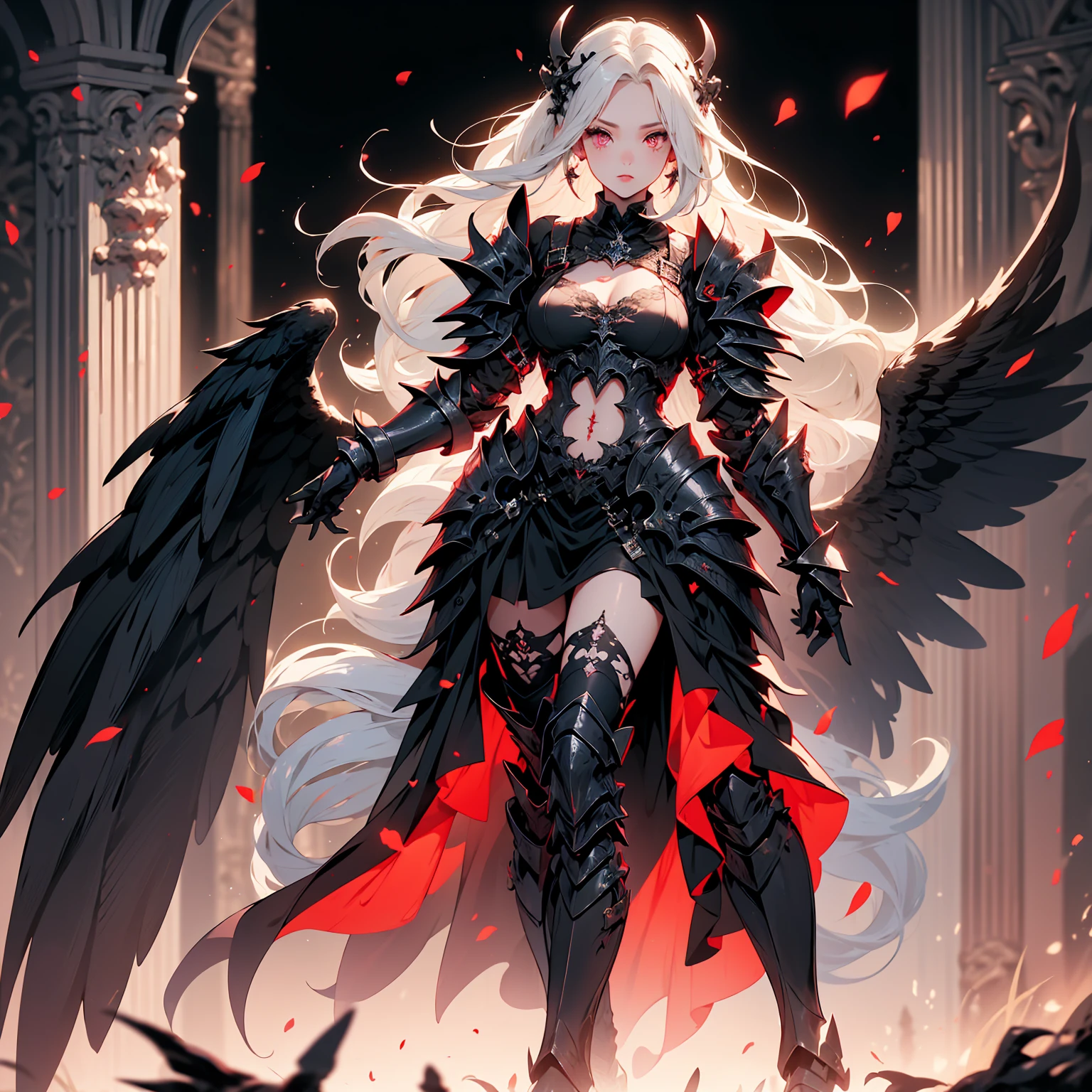 queen power armor , (gothic style), full body view , bellybutton, The most beautiful and sexy demon goddess, long white hair, glowing red eyes, wearing detailed black gothic battle armor, black angel wings, tattoos and piercings, gothic castle, perfect masterpiece, high quality, high resolution
