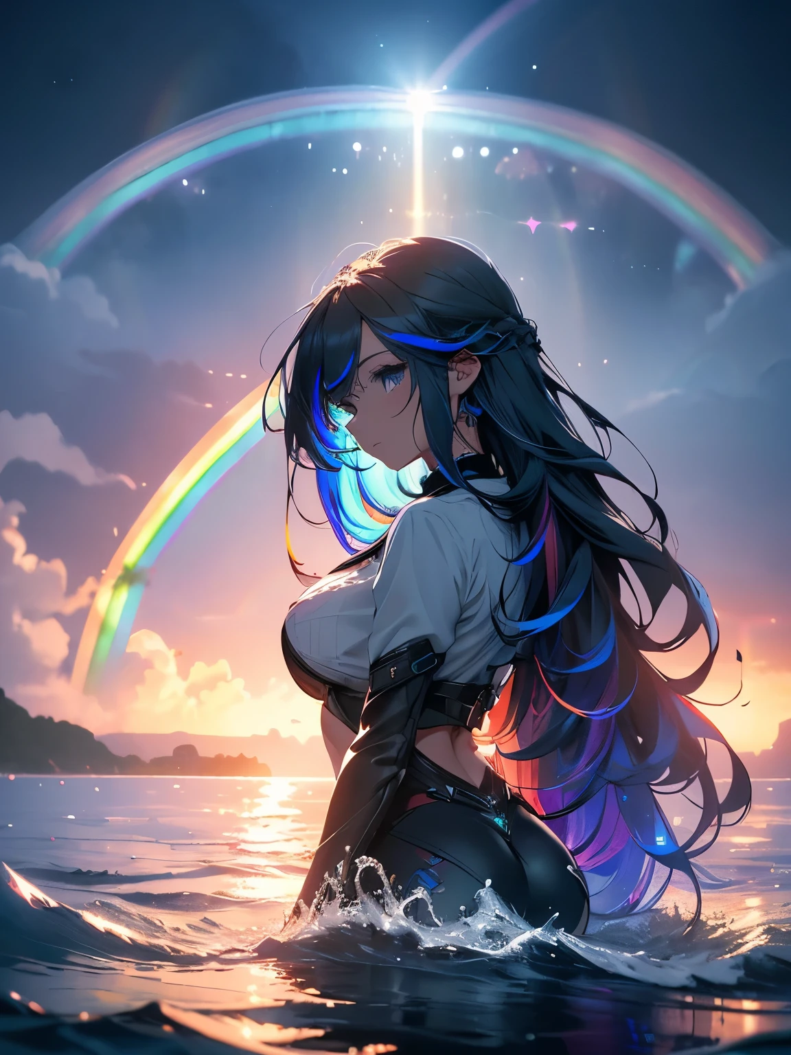 1 girl, Light blue long hair, dark blue, (((It sits isolated on the water in the middle of the ocean))), anime, Small round breasts, Big Ass, Strong thighs, {Highly detailed 16k CG uniform wallpaper}, Vast landscape photography, (Aerial view with focus on the scenery), (Wide field view), (High angle photo), (highlight: 1.4), (Low Light:1.4), (Warm light source: 1.5), Intricate details, (Rainbow Core: 1.4), (Bright lighting), (Atmospheric lighting), dreamer, unique, dark, perfect reflections
