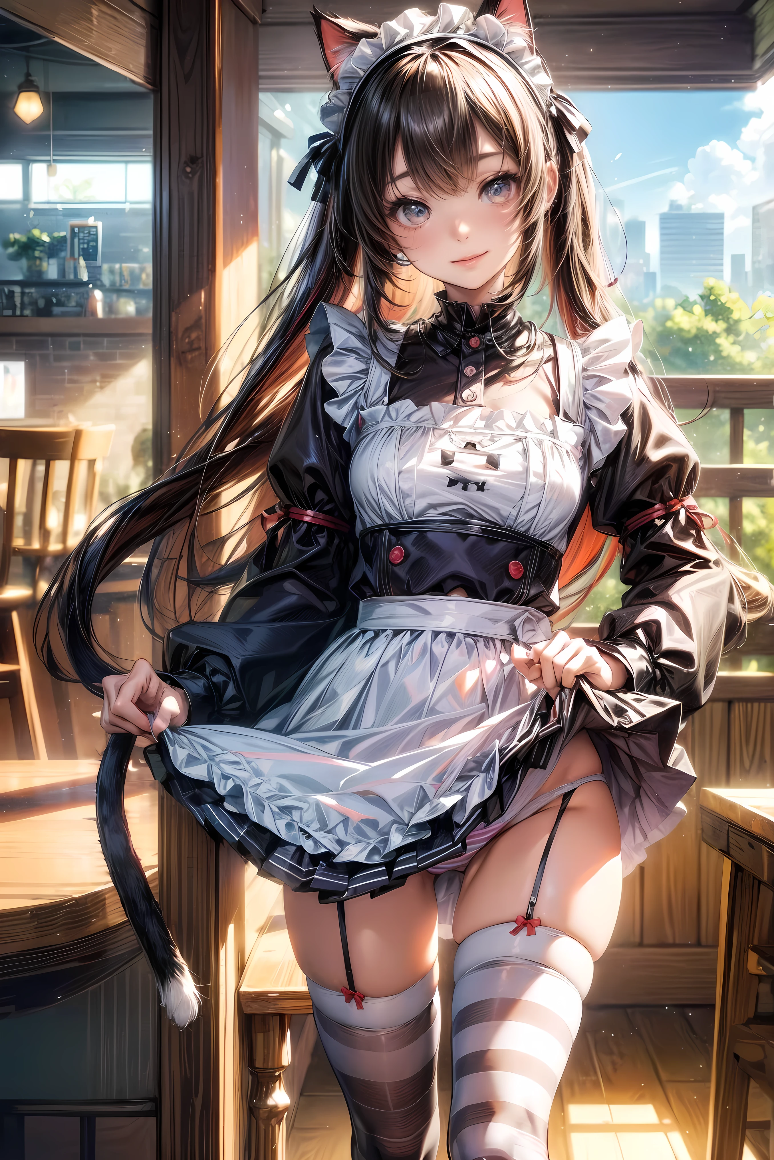 NSFW、One Girl、Cat ears headband、Cat tail、Enamel maid outfit、Short skirt、Thigh-high socks with horizontal stripes、Enamel striped pants、Highest quality、8K、Beautiful Face、Mischievous smile、Lift your skirt to show your underwear、Wink、View Viewer、Bright cafe