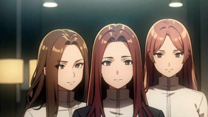 a masterpiece photo of 3 beautiful plump brunette sisters with long huge hair, Auburn haired sisters, different hair colors, matching hairstyles, hazel eyes, big And round bust, matching uniforms, smiling, flat color, same height, organized pose, back to back, best quality, 4k, 8k, highres, masterpiece:1.2, ultra-detailed, realistic, photorealistic, photo-realistic:1.37, HDR, UHD, studio lighting, ultra-fine painting, sharp focus, physically-based rendering, extreme detail description, professional, vivid colors, bokeh