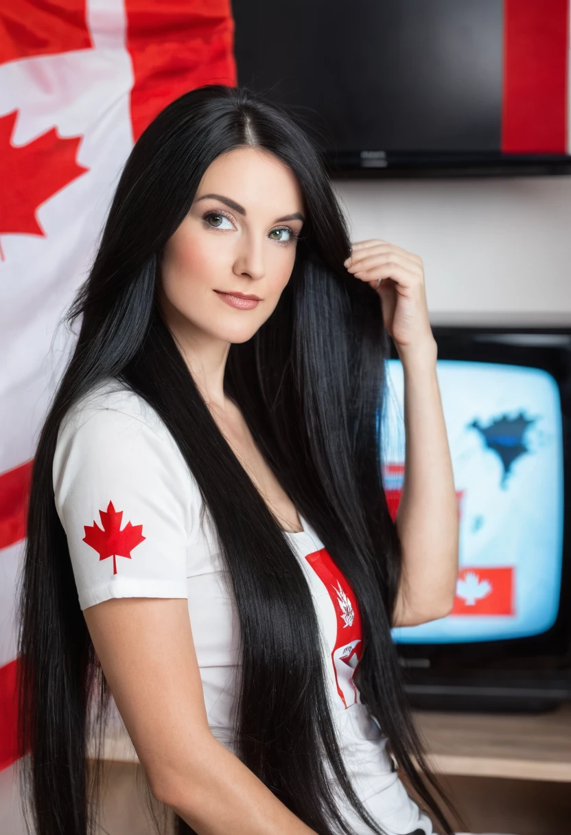 White beautiful woman with long black hair with Canada flag in her room and a TV in the background