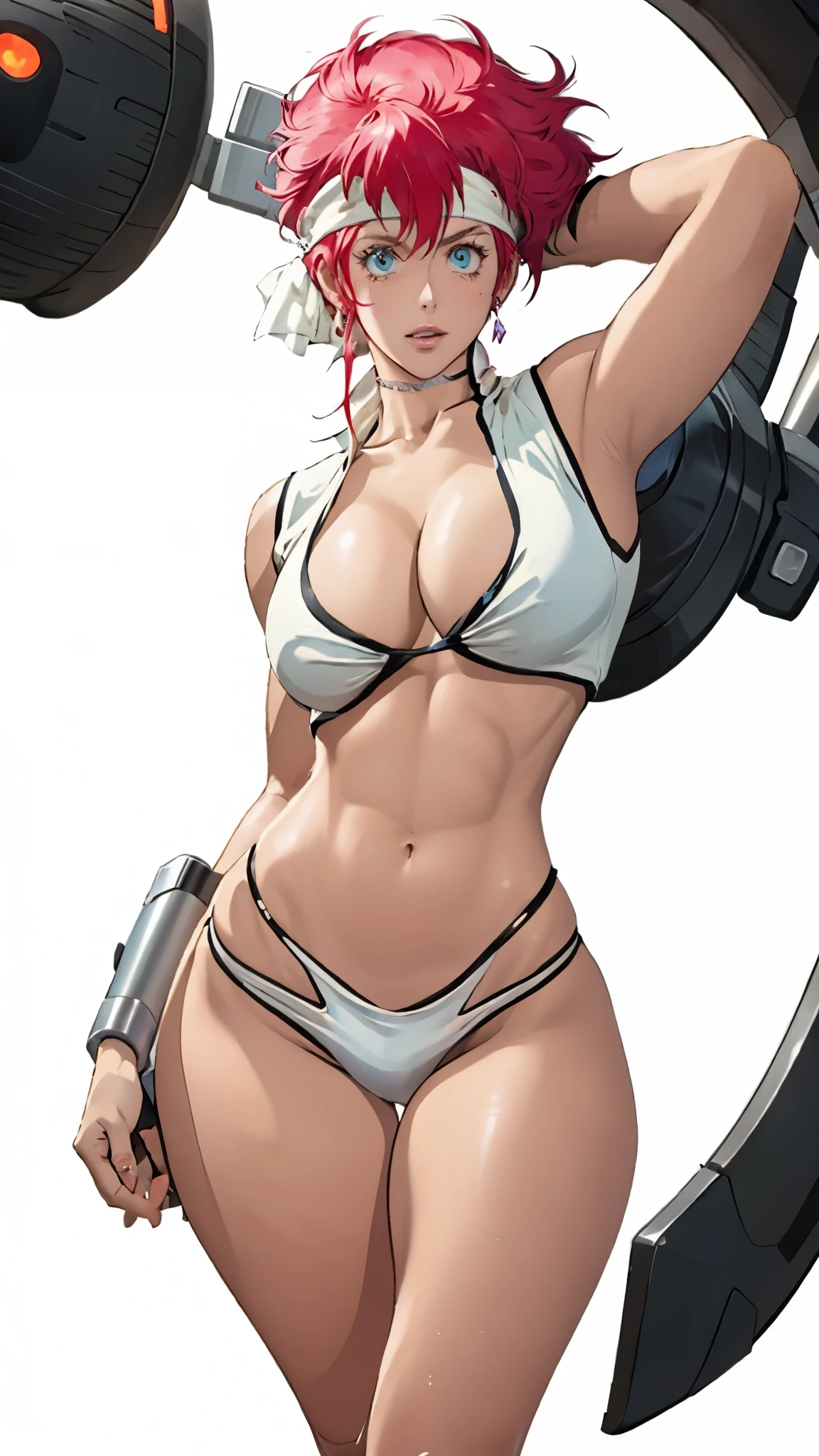 ((Masterpiece, highest quality; 1.3)), super quality, beautiful detail, super detailed, extra fine, 16K, exquisite, absurd, high resolution, beautiful background, detailed background, beautiful eyes, beautiful skin, anime style, Kay from Dirty Pair in a white outfit, tight outfit, cleavage, bushy redhead beauty, very light blue uniform, wearing tight clothes, skimpy, (mid chest: 1.2), cleavage, cleavage, slim waist , thin waist, slim thighs, thin legs, slim legs. thigh gap, showing stomach, skinny, thin hips, cyberpunk city background, holding retro space gun , headband,