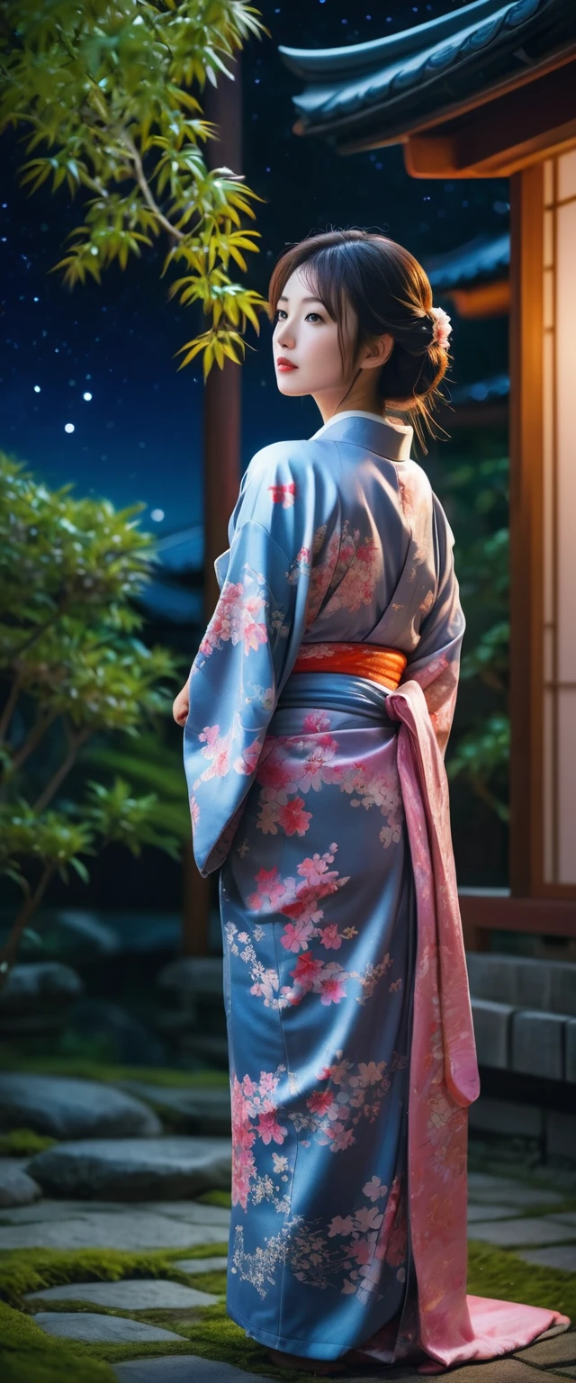 A beautiful girl in a Japanese kimono standing in a lush garden, gazing up at the starry night sky, realistic photographic style, ultra-detailed, 8k, masterpiece, vivid colors, cinematic lighting, elegant, serene, mesmerizing