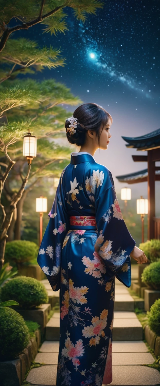 A beautiful girl in a Japanese kimono standing in a lush garden, gazing up at the starry night sky, realistic photographic style, ultra-detailed, 8k, masterpiece, vivid colors, cinematic lighting, elegant, serene, mesmerizing