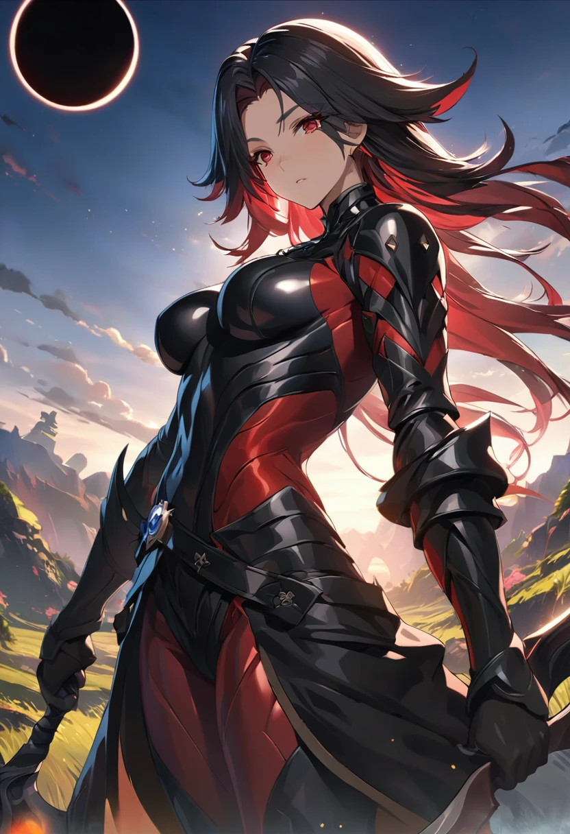 ((alone)), (Women), cherry red eyes, raven black hair, very long and messy hair., Vibrant Red Underhair.., (sculpted body), medium-large breasts, Thick, mature body, a closeup of a person with a scythe in a desolate land, Detailed anime key art, acheron, casimir art, Masamune Shiro, masamune, beautiful Women in demon slayer art, genshin, Heise Jinyao, shadowverse style, (no logos), eclipse, black powers, twilight landscape, Detailed clothing, eye reflection, depth of field, cinematic lighting, ray tracing, depth of field, cinematic lighting, ray tracing, UHD, High details, Best Quality, high resolution, high quality, Award-winning, super detail, Masterpiece, 8k, UHD, High details, Best Quality, high resolution, high quality, Award-winning, super detail, Masterpiece, 8k

