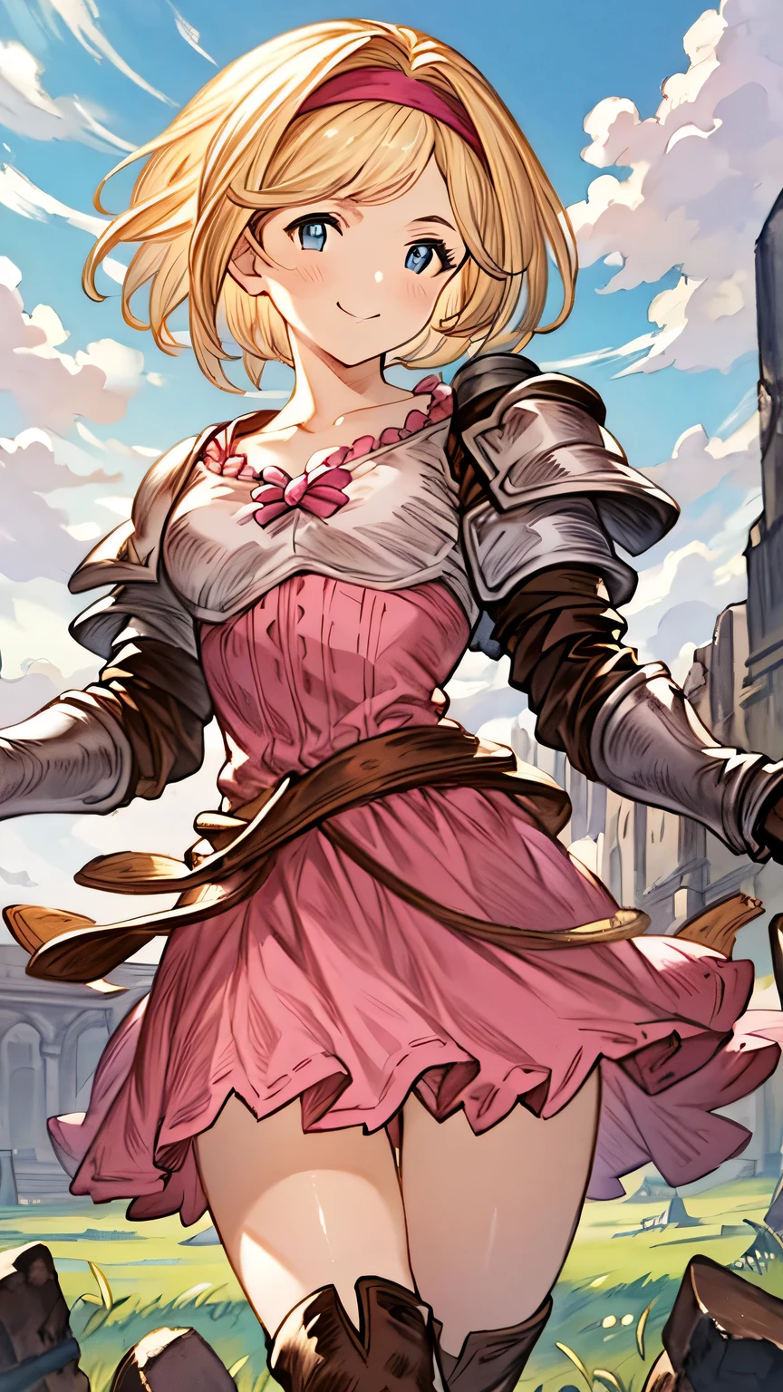 {{{masterpiece}}}, {{{best quality}}}, {{ultra-detailed}}, {illustration}, {{an extremely delicate and beautiful}}, (beautiful detailed eyes:1.6), extremely detailed face, 8k, anime face, djeeta(granblue fantasy), djeetadef, solo, 1girl, cute face, blonde hair, short hair, brown eyes, very big eyes, thin waist, big hips, curvaceous, pink hairband, pink dress, pink skirt, brown thigh boots, collarbones, gauntlets, armor, thighs, zettai ryouiki, BREAK, standing, smiling, flushed cheeks, peer in from below, outdoor, sky, daytime, ruins, forest, field