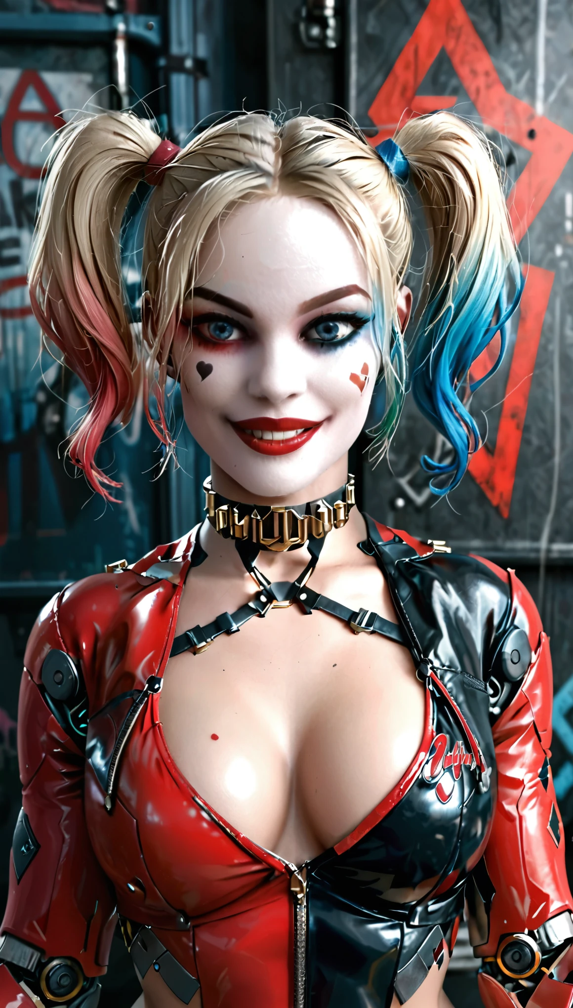 (work of art, high qualiy, wall-paper) Harley Quinn smiling showing her teeth, with blonde hair, neckline with very large bust, pink and light blue hair patch, blue colored eyes, strong makeup, red shadow and blue shadow, red lipgloss stick, leather jacket, Cyborg Body, metal body, smooth and shiny metal, heavy iron boots, mechanical joints, fully body,