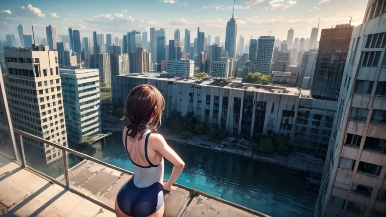 Submersion　In the water　Multi-tenant building　concrete　skyscraper　forest　Dilapidated atmosphere　rubble　View from the rooftop　The back of a girl in a school swimsuit