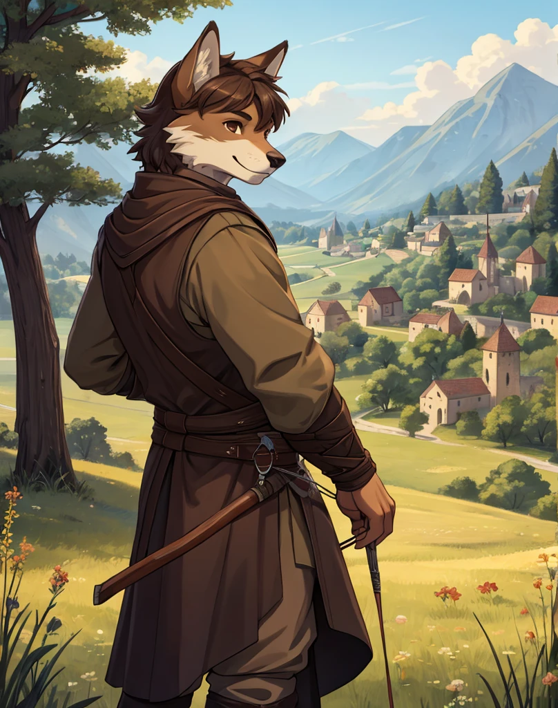 (very detailed illustration: 1.2), best quality, masterpiece, solo, natural lighting, An young anthro wolf with dark brown fur, he has brown eyes and dark brown hair, He is dressed in archer clothing from the medieval era, he is in an open field, on his sides there are trees and behind him is a village from the medieval era, he is smiling while he has his bow and arrows on his back.