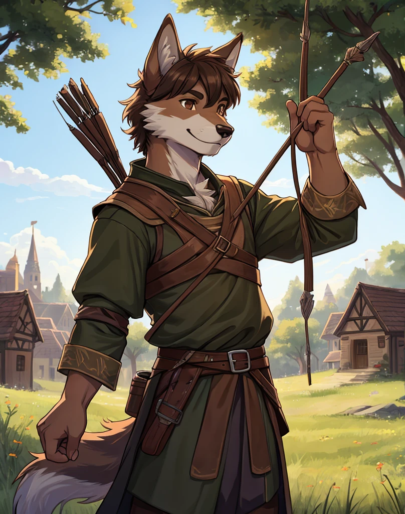 (very detailed illustration: 1.2), best quality, masterpiece, solo, natural lighting, An young anthro wolf with dark brown fur, he has brown eyes and dark brown hair, He is dressed in archer clothing from the medieval era, he is in an open field, on his sides there are trees and behind him is a village from the medieval era, he is smiling while he has his bow and arrows on his back.