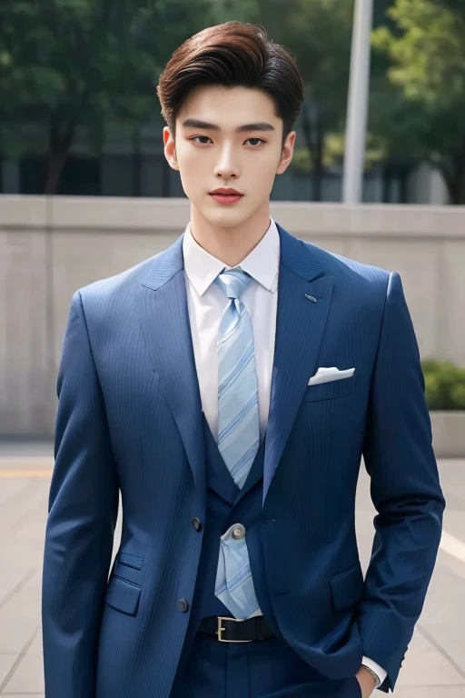 there is a man in a Blue suit and bow tie posing for a picture, Blue suit, blue and gold suit, wear a suitแฟชั่น, wearing dark Blue suit, elegant suit, beautiful androgynous prince, In Lammanh style, Chia, wear a suit, Yanjun Chengt, very handsome, Handsome and elegant, Inspiration from Zhang Han, ruan Chia beautiful!