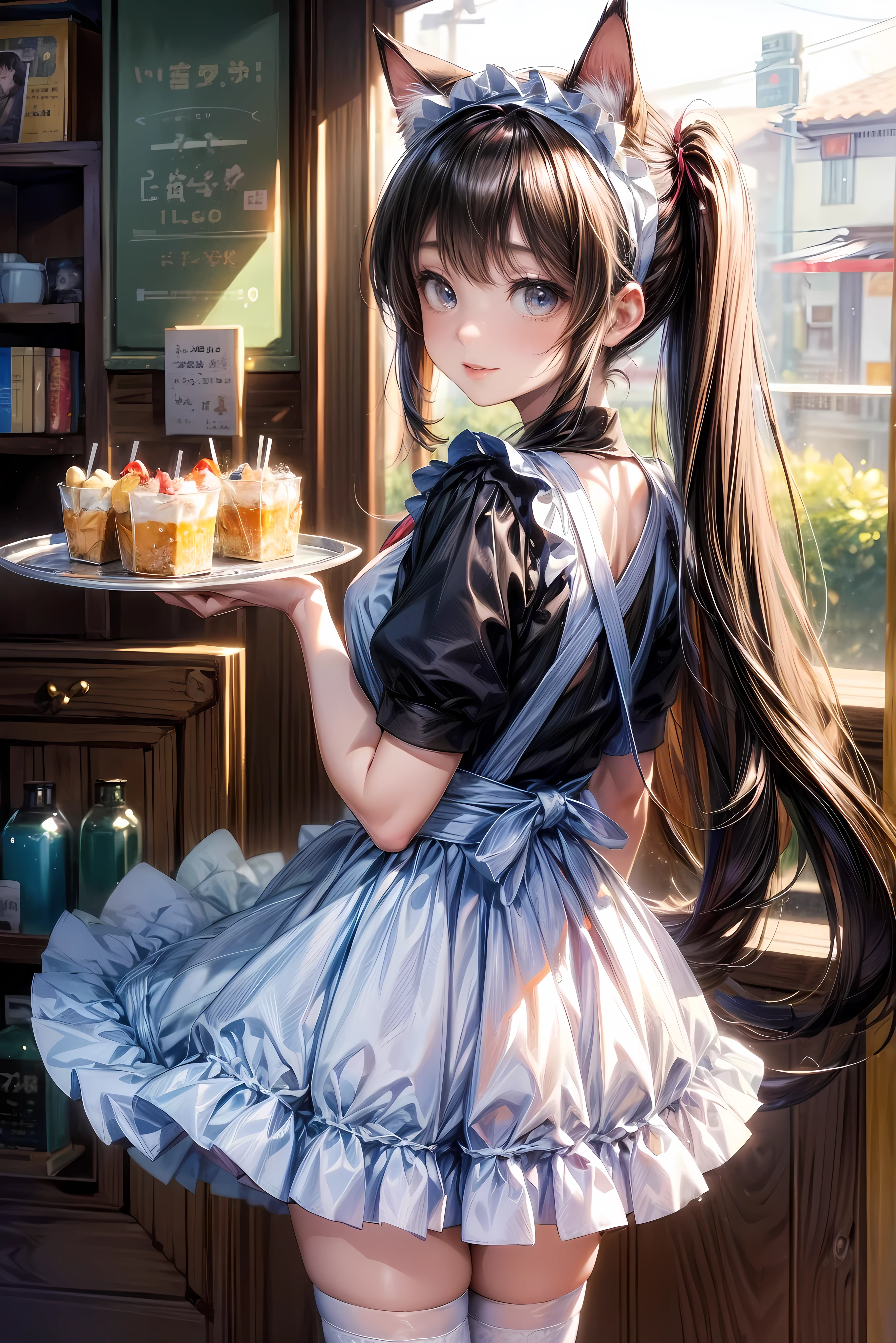 One Girl、(20-year-old woman)、Cat ears headband、Cat tail、Maid、Holding a tray with two parfaits on it in one hand、With the other hand, lift your skirt to show your underwear、Short skirt、White knee-high socks、Striped pants、Highest quality、8K、Beautiful Face、Mischievous smile、Wink、View Viewer、Bright cafe