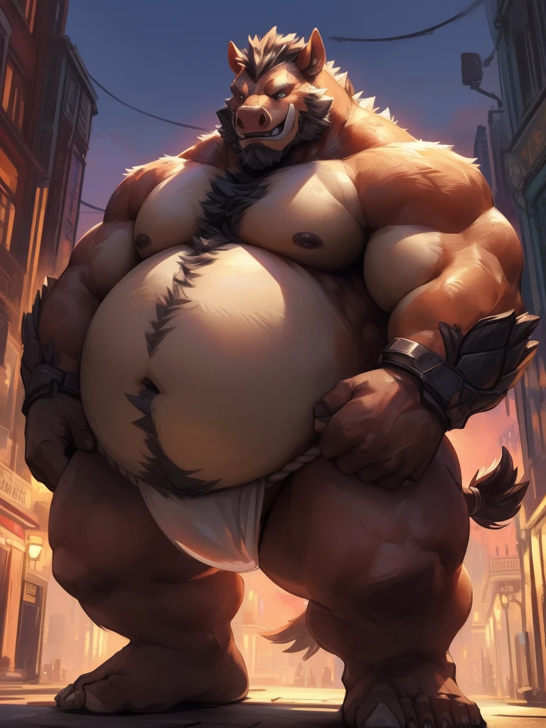 lindong, lucusold, lanxus, a man with a huge belly, furry boar, hog, city, ((fat ripped:1.2, overhang, chubby, more chubby, fat, very huge belly:1.5, obese, massive fat)), smile, thicc, lowres, (fundoshi), giant and fat, danbooru and artstation, heavy detailed, insanely inflated hips, nude, proportionally arms, fluffy chest, commission for high res, detailed but rough, semirealistic:1.3