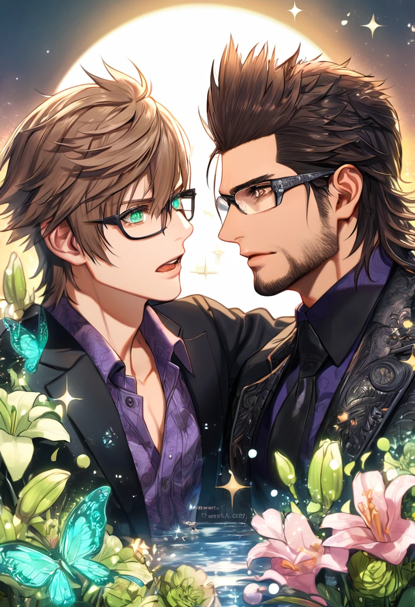 absurdres, highres, ultra detailed, HDR, master piece, best quality, extremely detailed, Ignis Scientia, brown hair, slicked up hair, glasses with black frames, expressive green eyes, Final Fantasy XV, Gladiolus Amicitia, brown hair, expressive brown eyes, two sexy men together, gay couple, yaoi, handsome, black jacket, purple shirt, black gloves, fantasy, magic, sparkling, water, moon, green flowers, green butterflies