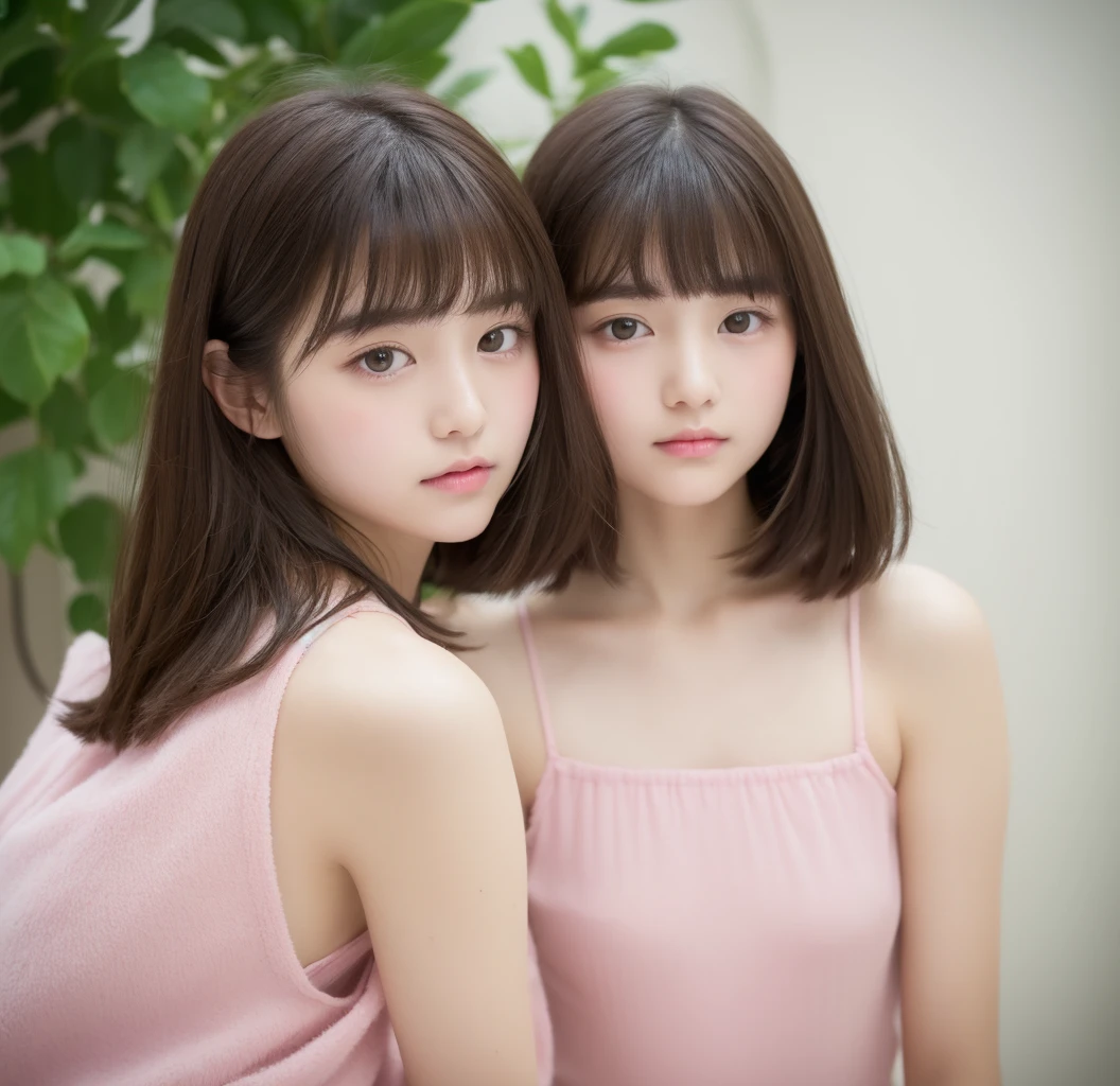 Brunette girl with bangs, pale with small pink lips and potato nose and greenish eyes short silky soft hair, taking photo looking at the camera