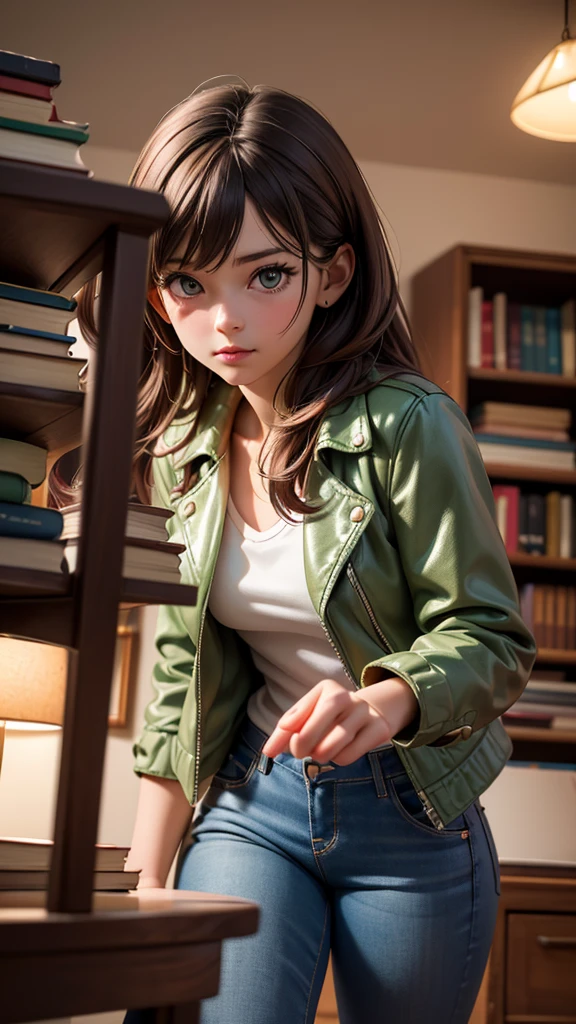 Inside the quaint bookstore, the warm light from the chandeliers illuminates rows of books. Sarah, in her green jacket over a white shirt and blue jeans, sees Mark, the kind-hearted man from the ID, arranging books on a shelf. He's wearing a brown leather jacket and black boots. (best quality, 4k, 8k, highres, masterpiece:1.2), ultra-detailed, (realistic, photorealistic, photo-realistic:1.37), indoor, soft lighting, lively atmosphere).