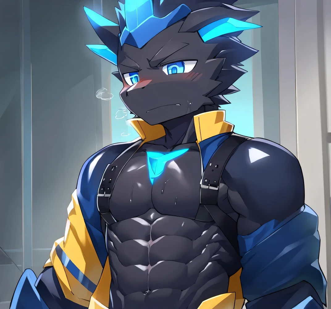 Thin macho western black dragon abs Hollow abs body suit thick arms chest rig 、sweaty skin glow profile Wearily short of breath Chemo shota
have a blue eyes Tired look jacket