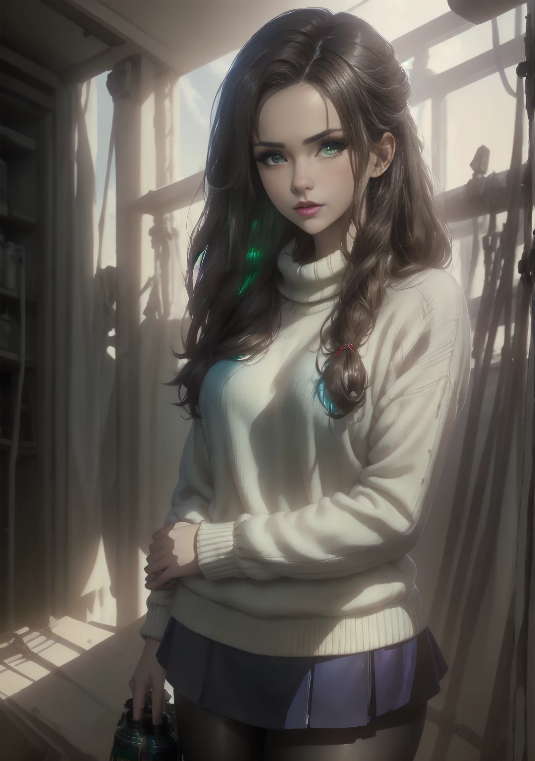 a young woman with dark brown hair, beautiful detailed green and blue eyes with central heterochromia, white sweater, black skirt, pantyhose, cowboy shot, solo, ultra-high quality, masterpiece, ultra-detailed, realistic, photorealistic, physically-based rendering, vivid colors, studio lighting, sharp focus, professional
