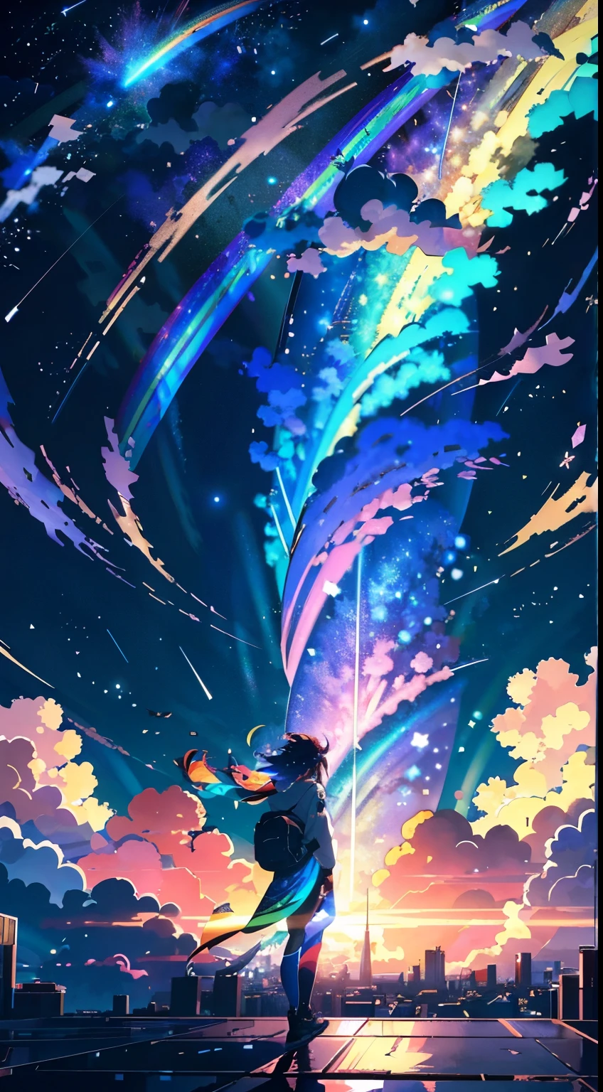 ((Rainbow giant shooting star))、Anime girl looking at the big city view,Near future city、 Makoto Shinkai Cyril Rolland, anime art wallpaper 4k, anime art wallpaper 4k, Anime Art Wallpapers 8K, Inspired by Cyril Rolland, Dan Mumford&#39;s Artwork Style, Awesome Wallpapers, by Yuumei