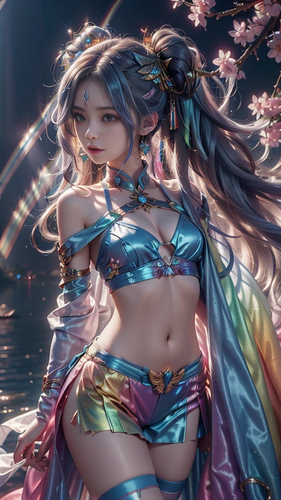 8K, Ultra HD, masterpiece, HD color, 1 girl, Perfect face, Very long curly hair, Delicate eyes, Metal clothing, ((Rainbow Clothing:1.5)), Socks, ((Crisscross lace)), Long Sardines, Shoulder Straps, period, Netsuit, cycle, ((Hip cape)), Bare waist, jewelry, Decorations, Waterside, Realistic scenery, Epic Landscapes, Sun rise, night, cloud, Butterfly, Cherry blossoms, Liufeng, Back posture,