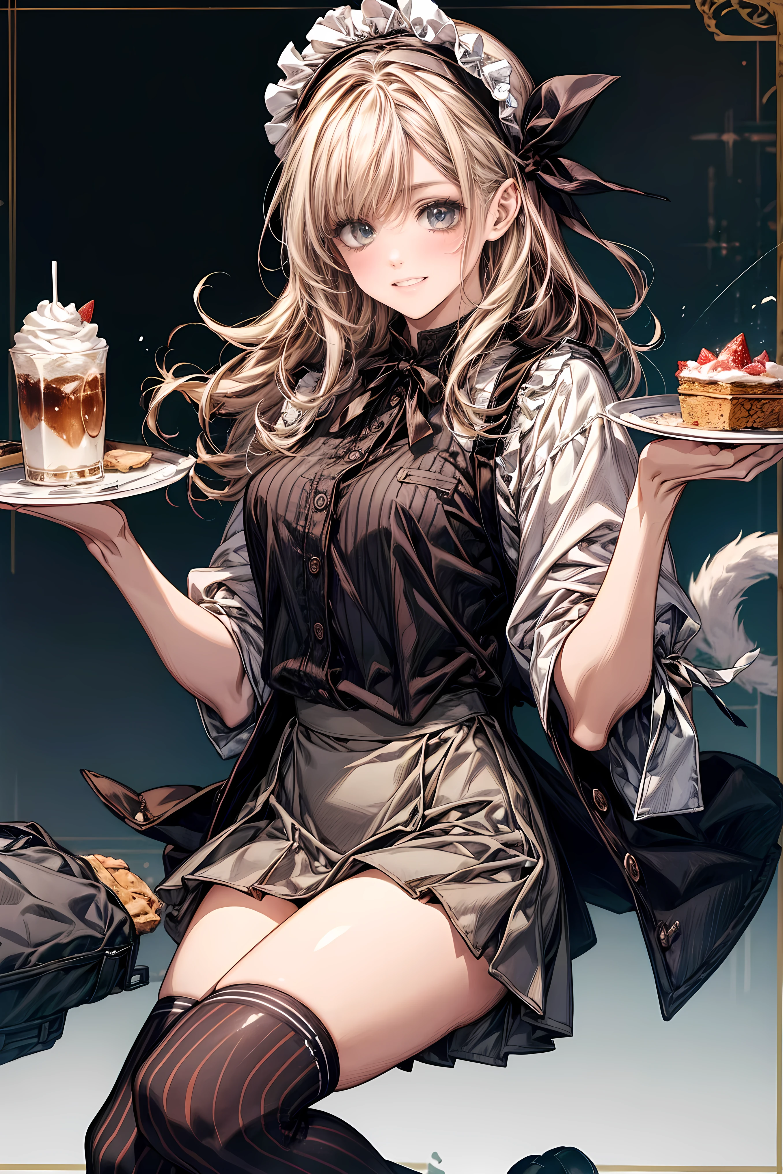 One Girl、(20-year-old woman)、Cat ears headband、Cat tail、Maid、Holding a tray with two parfaits on it in one hand、With the other hand, lift your skirt to show your underwear、Short skirt、White knee-high socks、Striped pants、Highest quality、8K、Beautiful Face、Mischievous smile、Wink、View Viewer、Bright cafe