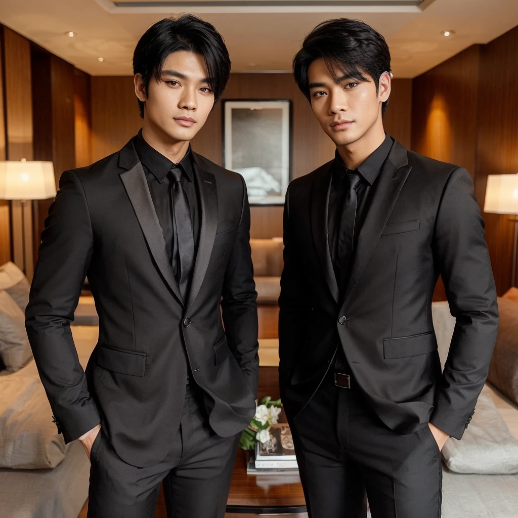 two handsome Indonesian men with black hair, Korean looking, Wear a black jacket complete with trousers and shoes, was standing in a luxurious apartment, background in a luxury apartment room