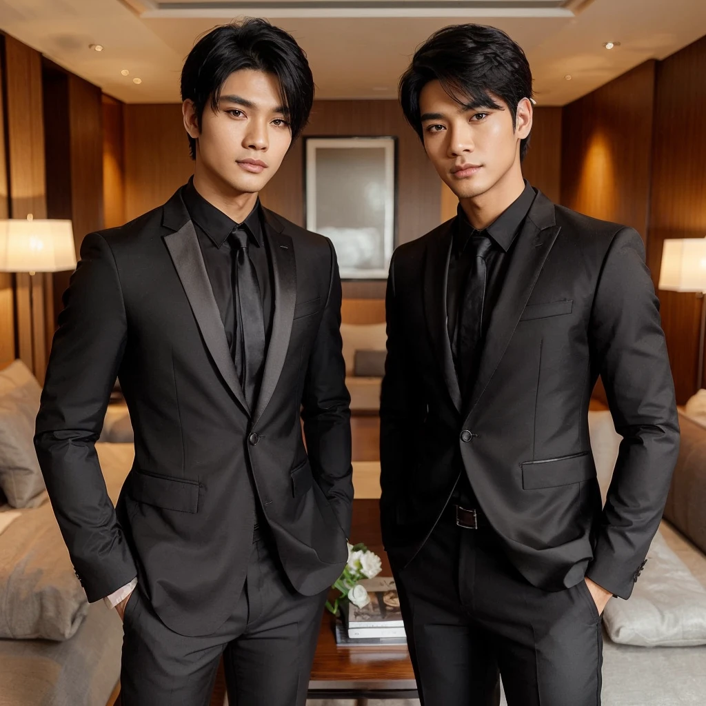 two handsome Indonesian men with black hair, Korean looking, Wear a black jacket complete with trousers and shoes, was standing in a luxurious apartment, background in a luxury apartment room