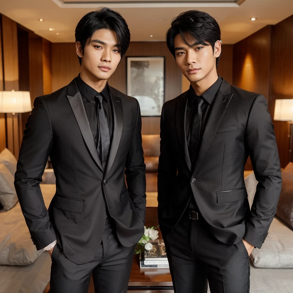 two handsome Indonesian men with black hair, Korean looking, Wear a black jacket complete with trousers and shoes, was standing in a luxurious apartment, background in a luxury apartment room