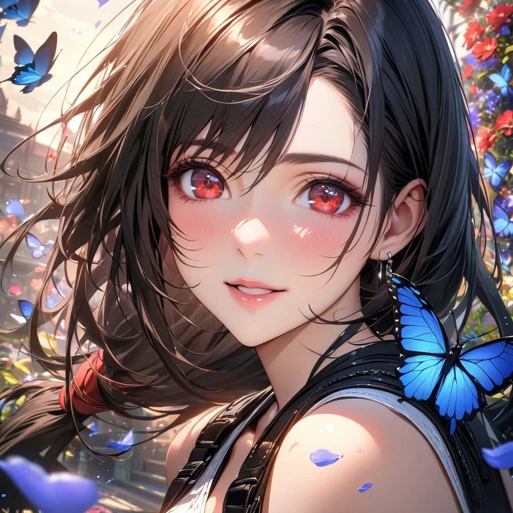 absurdres, highres, ultra detailed, HDR, master piece, Tifa Lockhart, expressive red eyes, black hair, Final Fantasy VII Remake, extremely beautiful, 1 woman only, very detailed face and eyes, flowers and petals, butterflies, best quality