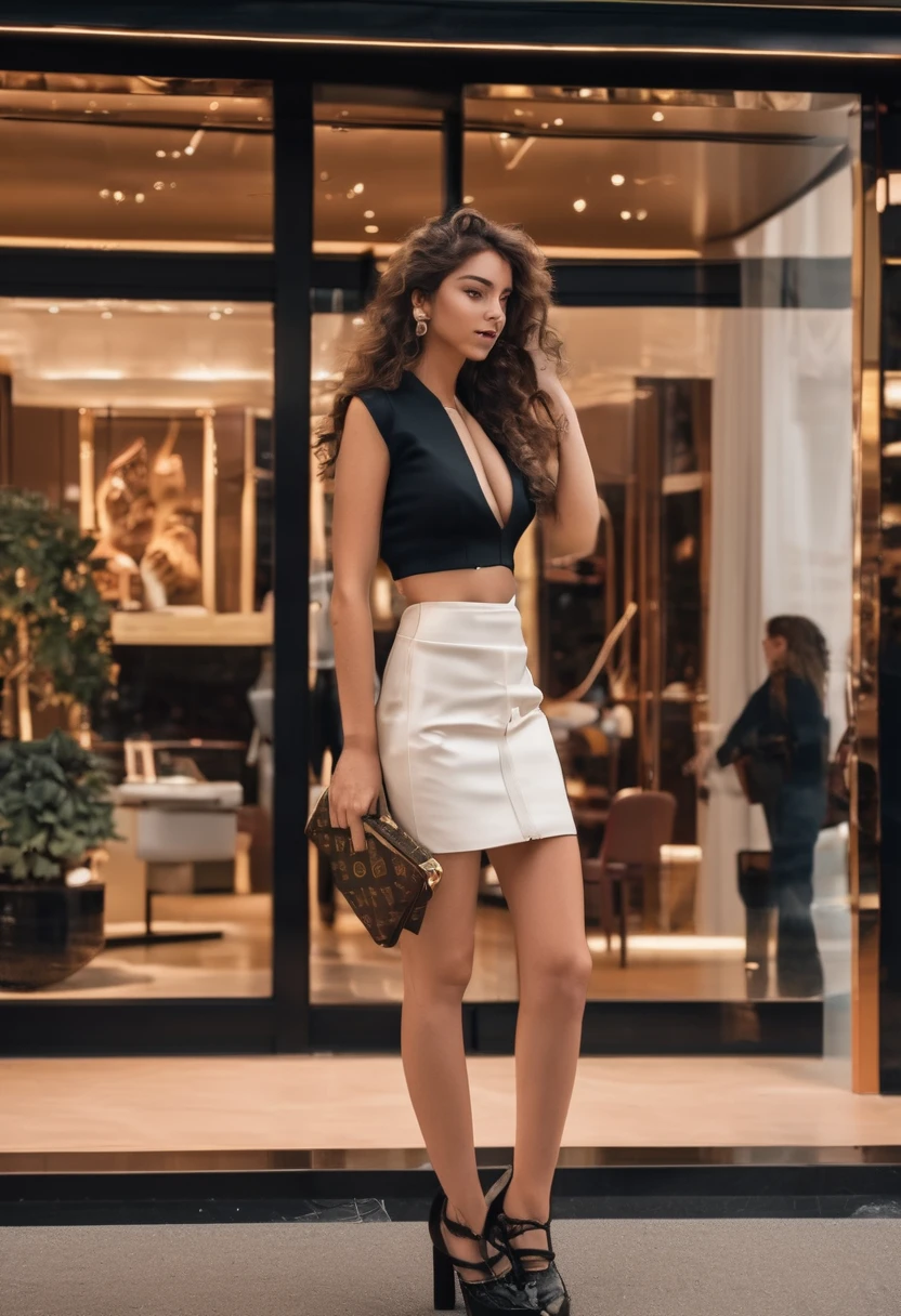 21-year-old girl, brunette, with wavy hair, stands in front of a Louis Vuitton shop, touching her hair. She showcases a slender figure and a model-like appearance, wearing Louis Vuitton pantyhose and a Louis Vuitton crop top, capturing the elegance and sophistication of the moment. Emphasizing the beauty of the surroundings, she exudes a stylish presence, big breasts, the image is taken from the front, providing a beautiful and alluring gaze, no skirt just pantyhose
