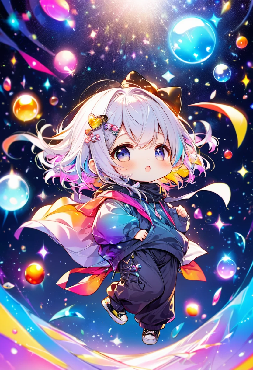 best quality, incredibly absurdres, extremely detailed, 2.5D, delicate and dynamic, chibi, cute girl, wearing baggy clothes, baggy pants, sparkly and vivid color effects, background another dimension