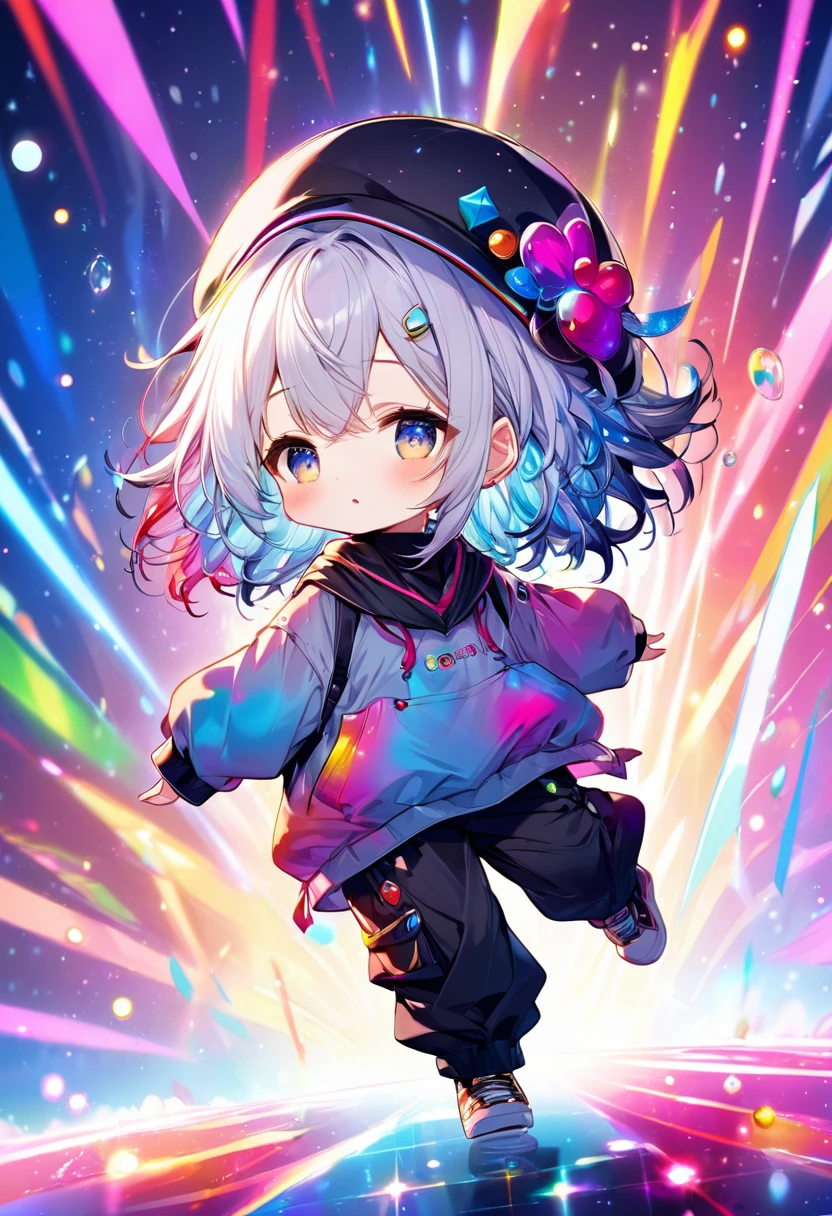 best quality, incredibly absurdres, extremely detailed, 2.5D, delicate and dynamic, chibi, cute girl, wearing baggy clothes, baggy pants, sparkly and vivid color effects, background another dimension