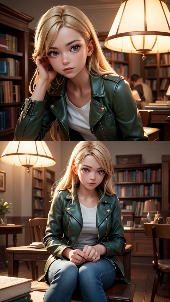 Inside the quaint bookstore, the warm light from the chandeliers illuminates rows of books. Sarah, in her green jacket over a white shirt and blue jeans, sees Mark, the kind-hearted man from the ID, arranging books on a shelf. He's wearing a brown leather jacket and black boots. (best quality, 4k, 8k, highres, masterpiece:1.2), ultra-detailed, (realistic, photorealistic, photo-realistic:1.37), indoor, soft lighting, lively atmosphere).