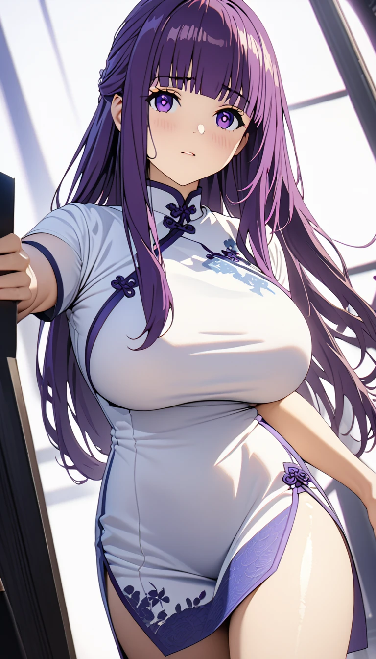 Cheongsam Girl，Half Up,Purple Hair,Purple eyes,Long Hair，Blunt bangs,cowboy shot,Pure white background，Big Breasts,Depth of written boundary，(Low angle view:0.9)，Calf Level View，Overclocked Renderer，Cinema Lighting，masterpiece,Ultra-fine，Very detailed，complicated，Cinematic Perspective，CG Art，Looking at me,